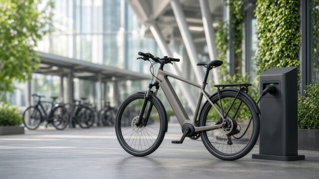 Gray electric bicycle parked next to a sleek charging station in an urban setting.