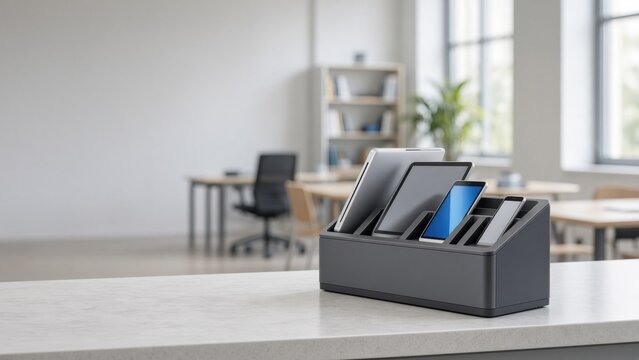 A sleek charging station neatly organizes multiple devices in a modern workspace.