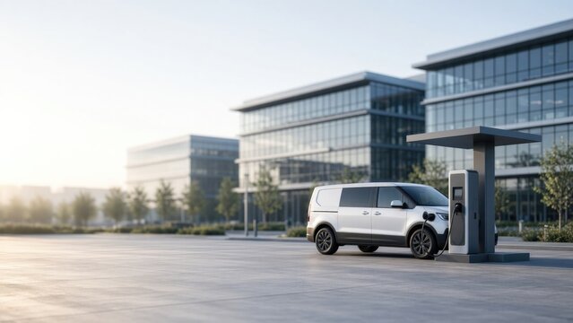 A silver electric van charging at a modern EV station in an urban setting.