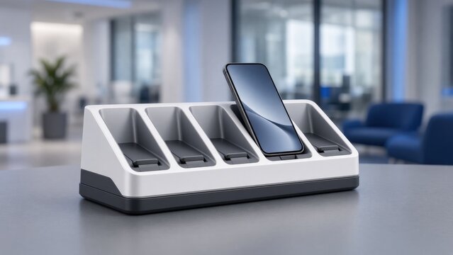 A sleek smartphone charging station with multiple slots in a modern office setting.