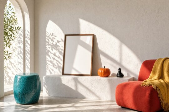 Cozy interior featuring autumn decor, warm sunlight casting playful shadows