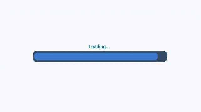 Minimal flat vector animation of a blue rounded progress bar with a dark navy track and a loading status label on a light background, ideal for software loading screens, application interfaces, data p