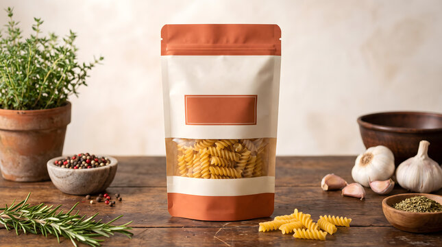 pouch mockup with clear window and fusilli pasta on rustic wooden table with garlic, rosemary, thyme and peppercorns