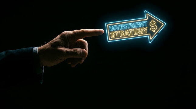 Hand pointing at glowing neon divestment strategy arrow sign on black