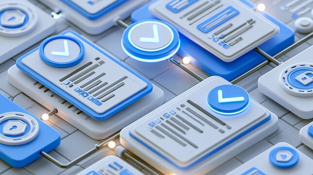 Isometric 3D illustration of a streamlined claims workflow with floating document cards glowing checkmarks and secure data icons in crisp blue and white tones modern