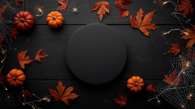 Cozy Halloween flat lay with empty black product podium, mini pumpkins, spider web and fairy lights on black wooden table top view