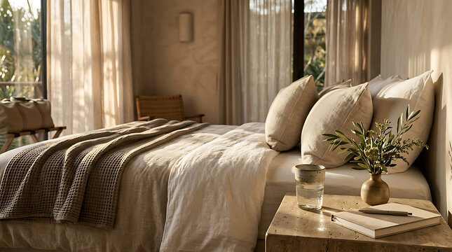 Modern bedroom with linen bedding and olive branch on stone bedside