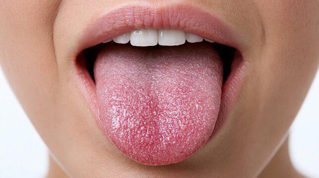 Closeup of an open mouth showcasing a visibly irritated tongue with detailed glossitis smooth skin texture softly lit in symmetrical framing on a bright white background