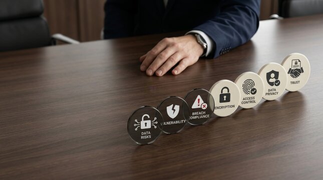 Business cybersecurity risk management process flow represented by physical discs on dark wooden boardroom table surface