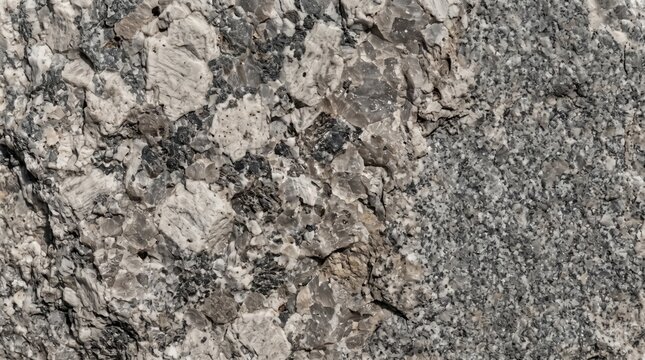 Closeup of a granite rock surface showing coarse crystalline texture with white feldspar, grey quartz, and black mica minerals