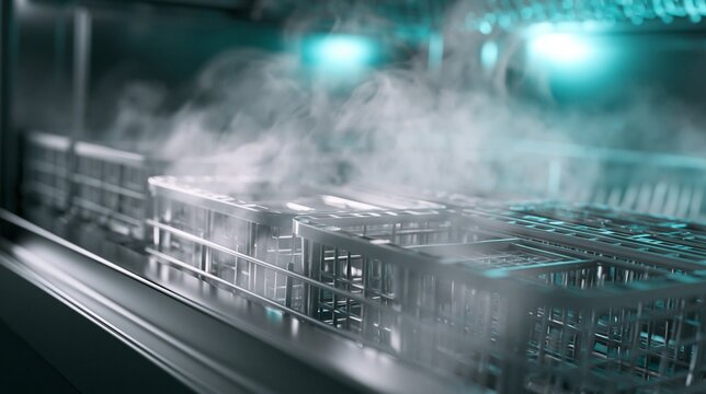 Softly lit polished dishwasher in a sleek institutional kitchen with warm steam gently escaping as detailed trays glide inward showcasing a modern gray and teal color scheme.