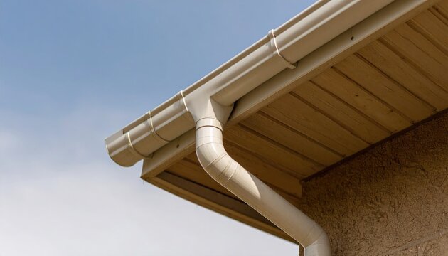 gutter and downspout system on modern building exterior. Corner view of white pipes against clear blue sky. Architecture detail part of home roof drainage system 
