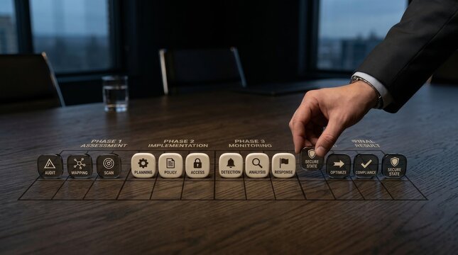 A businessman's hand arranges blocks on a wooden table, illustrating a comprehensive cybersecurity framework with phases for assessment, implementation, and monitoring to achieve a secure state.