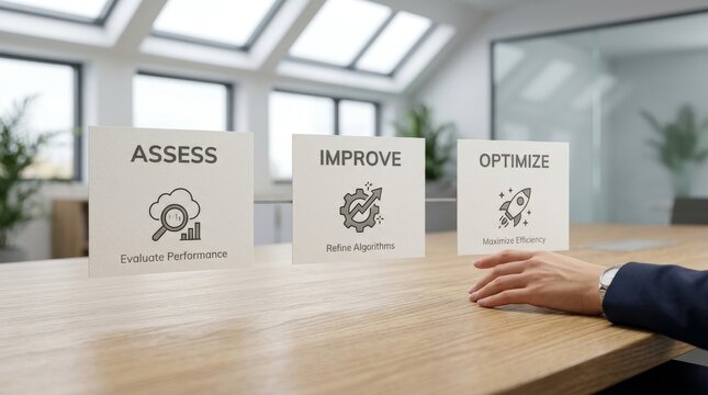 Business professional selecting cards on wooden table showcasing assess improve and optimize concept for performance