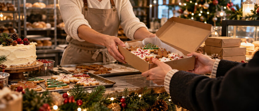 Baker and customer hands exchanging a box of Christmas cookies across a counter, with an apron, baking trays, a cake and warm greenery lights showing a festive bakery order ready for collection