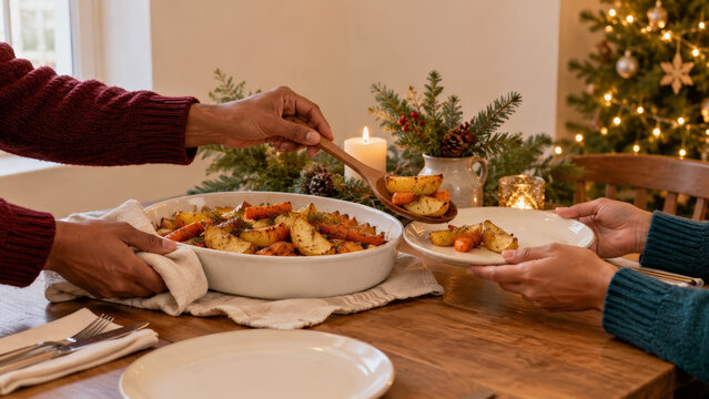 Christmas dinner scene with holiday food on a festive table as hands serve roasted potatoes and carrots, capturing family meal traditions, warm celebration, cozy decor, candles, and Christmas tree.