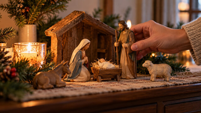 Hand arranging Joseph beside Mary and infant Jesus in a manger for a Christmas nativity display, with a wooden stable, sheep and donkey figures, evergreen branches and candlelight in a peaceful home
