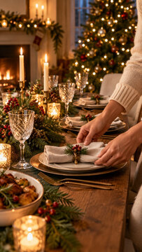 Hands setting a linen napkin on a plate at a Christmas table with glassware, candles and evergreen berries, a glowing tree and fireplace behind showing warm hospitality before a festive dinner