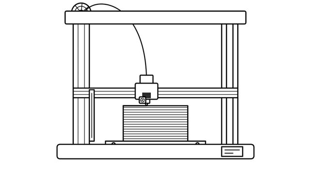 Minimalist monochrome vector animation of a desktop 3D printer building a geometric object layer by layer. Ideal for additive manufacturing, rapid prototyping, product design, engineering, digital fab