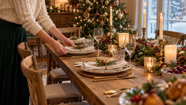 Host's hands placing a plate at a Christmas dining table with linen, glassware, gold cutlery and candles, evergreen berries and a glowing tree showing thoughtful preparation for a festive dinner