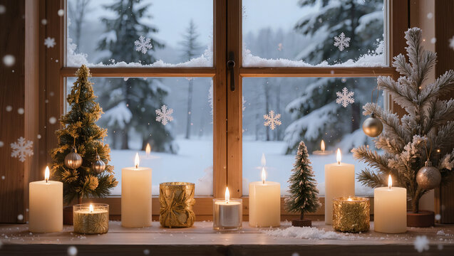 Candles and decorated trees on a window sill overlooking a snowy forest in winter