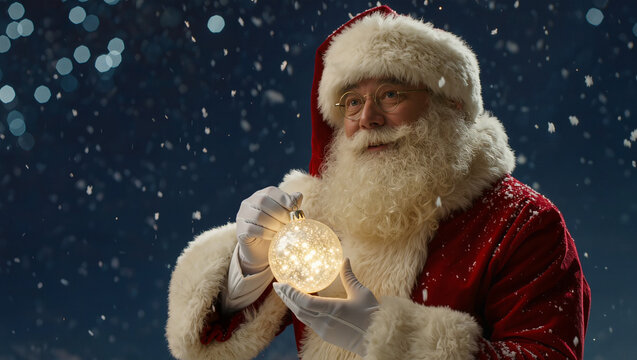 Santa Claus holds a glowing ornament as snow falls during the Christmas season