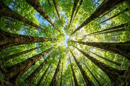 Low angle view of tall green trees in a lush forest reaching towards the bright sunlit sky