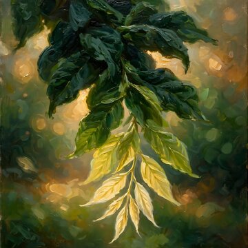 Oil painting of a hanging branch with lush green leaves transitioning to bright golden yellow in soft sunlight