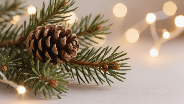 Pine cone resting among evergreen branches with glowing lights during the winter holiday season
