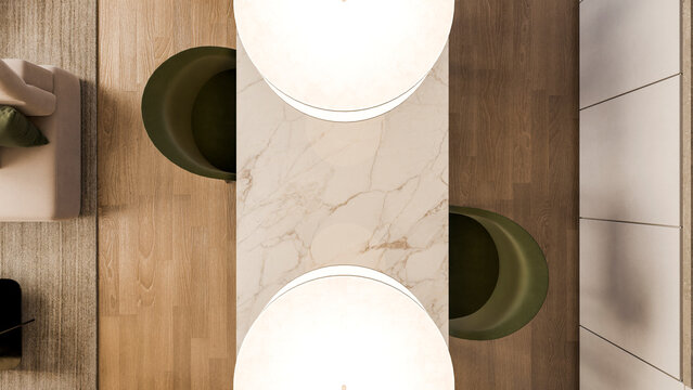 Marble table with pendant lights and green chairs