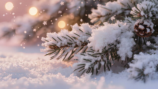 Snow-covered pine branches and a pine cone in a winter forest at sunset