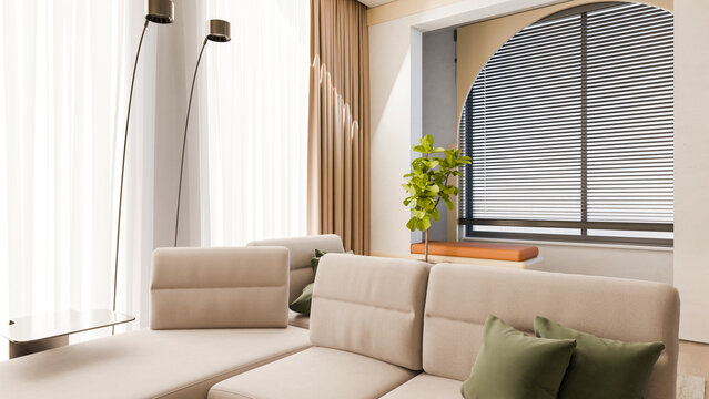 Modern beige sofa with green pillows in minimalist living room