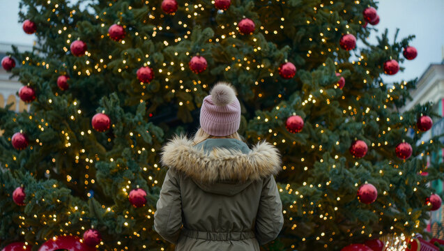 Person in a winter coat stands before a decorated Christmas tree during the holiday season