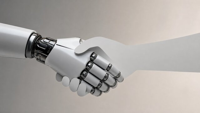 Human and robot handshake concept photo. White robotic manipulator hand shaking hands with a human hand silhouette on a light gradient background for technology and business partnerships