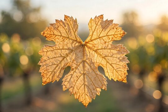 Closeup of a golden autumn grapevine leaf backlit by the sun in a vineyard