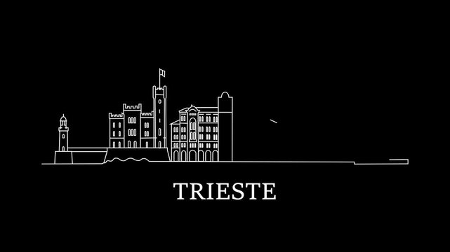 White lines define Trieste's skyline against a black background