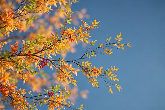 Beautiful autumn tree branches with vibrant yellow and orange leaves and red berries against a clear blue sky