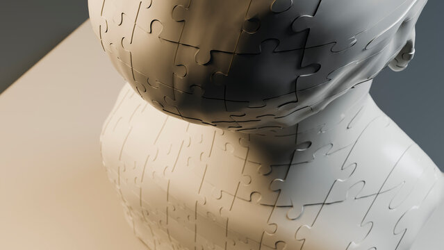 White jigsaw puzzle forming a human bust sculpture in 3d illustration
