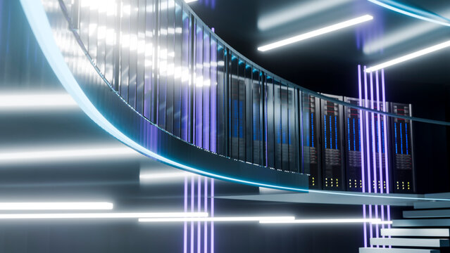 Curved glass panels with server racks and led lighting in data center