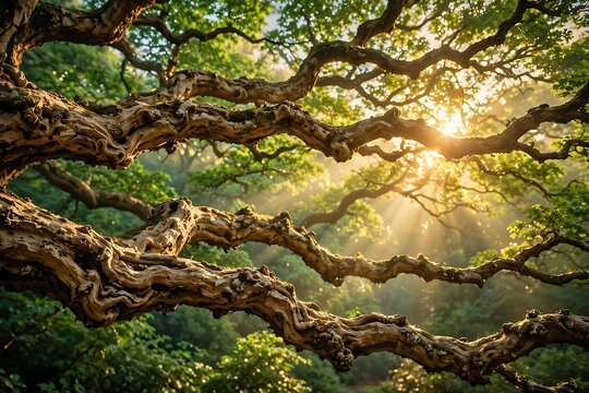 Ancient gnarled tree branches with textured bark glowing in the golden sunlight of a lush forest canopy