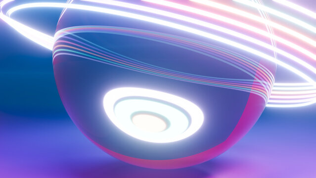 Abstract glowing orb with neon light rings in digital 3d illustration