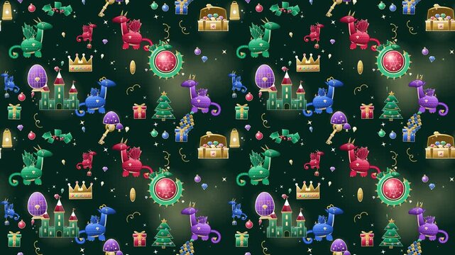 Seamless Christmas Fantasy Pattern with Cute Dragons and Castles