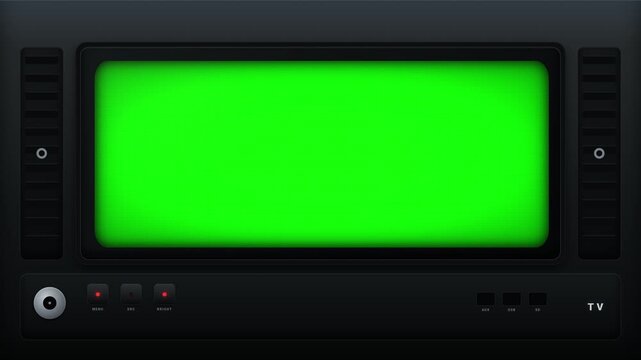 Retro loop dashboard CRT monitor with green screen, chroma key display and control buttons. Old retro electronic panel display with green screen for video compositing