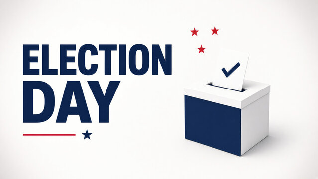 Election day banner with ballot box, checked ballot and stars on white background with copy space