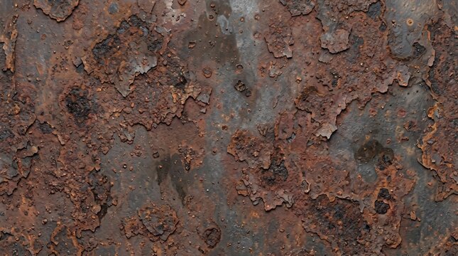 Closeup texture of heavily rusted metal surface with peeling paint and weathered iron oxidation patterns