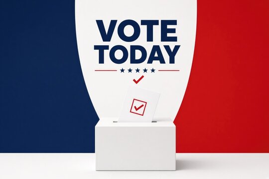 Vote today poster with checked ballot in white box on navy and red background