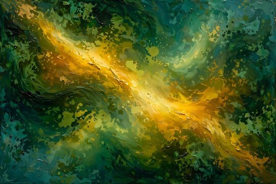Abstract oil painting with vibrant yellow light flowing through deep green textured layers