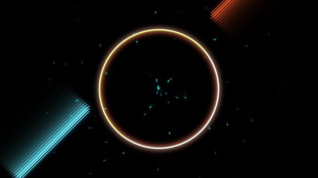 Neon circle frame with dynamic light streaks and particles motion background, ring glowing de