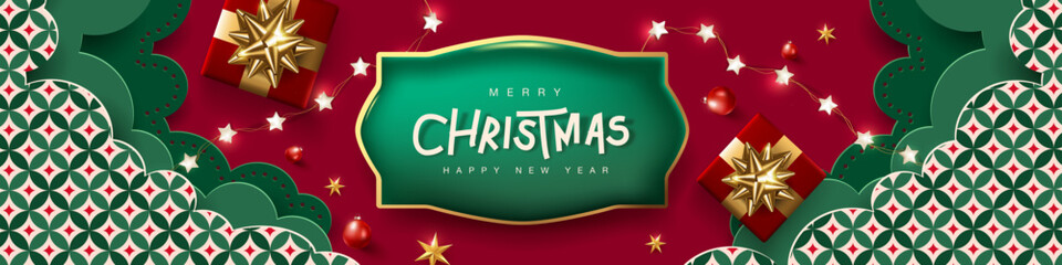 Fototapeta na wymiar Merry Christmas and Happy New Year greeting card banner background with festive decoration, typography, holiday theme, celebration graphics, printable poster, digital template.