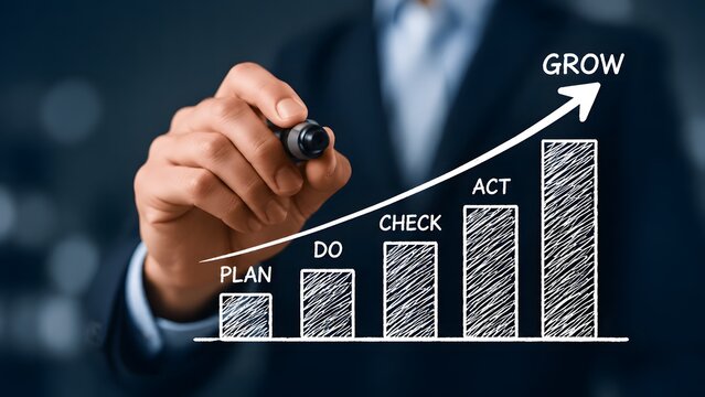 A businessman in a suit drawing a PDCA cycle growth chart on a chalkboard, illustrating the plan, do, check, and act methodology for continuous improvement.